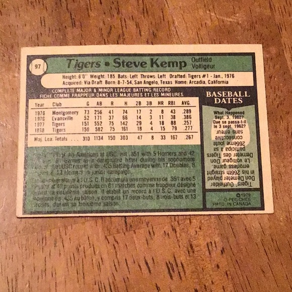 STEVE KEMP, 1979 OPeeChee baseball card, DETROIT TIGERS - Picture 2 of 2
